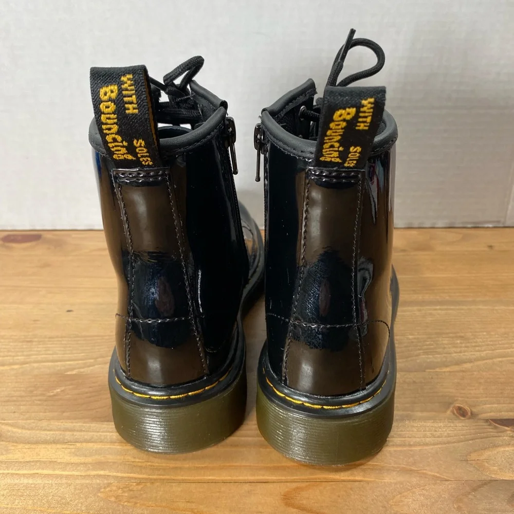 Dr. Martens Kids Black Patent Lace-Up Ankle Boots with Yellow Stitching